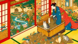 Yamato-e style painting of cat litter mold depicted in a traditional Japanese setting, featuring bright colors and detailed narrative scenes.