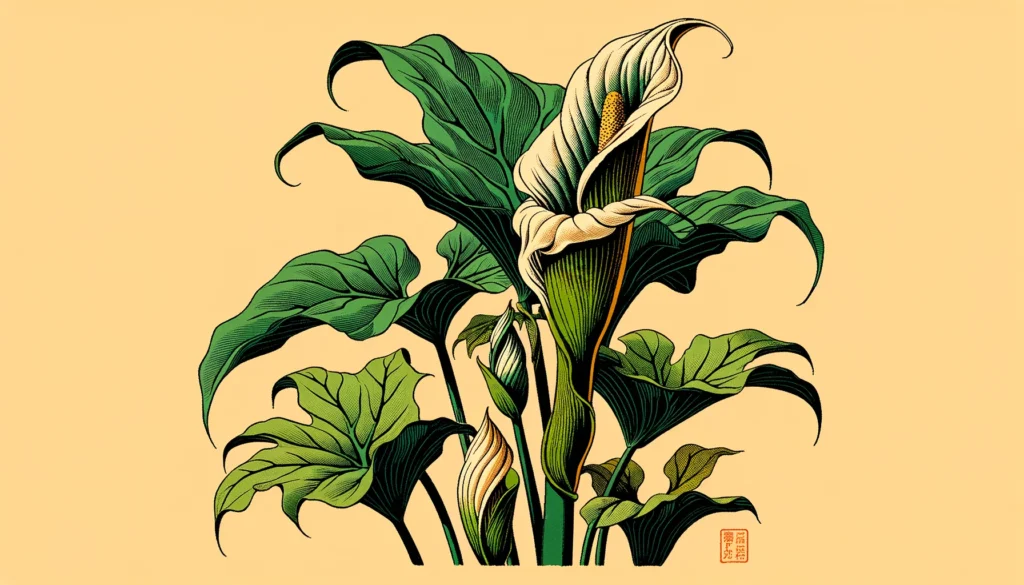 Stylized Wild Arum plant in Ukiyo-e art style on a peach background.