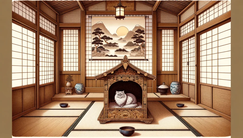 A fluffy cat sits inside a covered litter box with traditional Japanese patterns in a room with tatami floors and shoji doors.