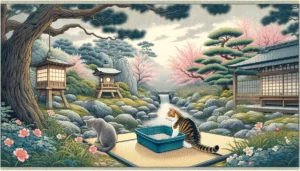 A Nihonga-style painting set in a Japanese garden, showing a rescue cat exploring a litter box among cherry blossoms and a stream, illustrating 'Litter Box Training for Rescue Cats: Tips and Tricks', free of text characters.