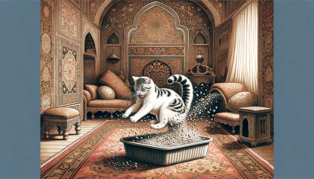 An Ottoman art style depiction of a cat energetically kicking litter in an ornate interior, with litter particles flying amidst traditional Ottoman decor.