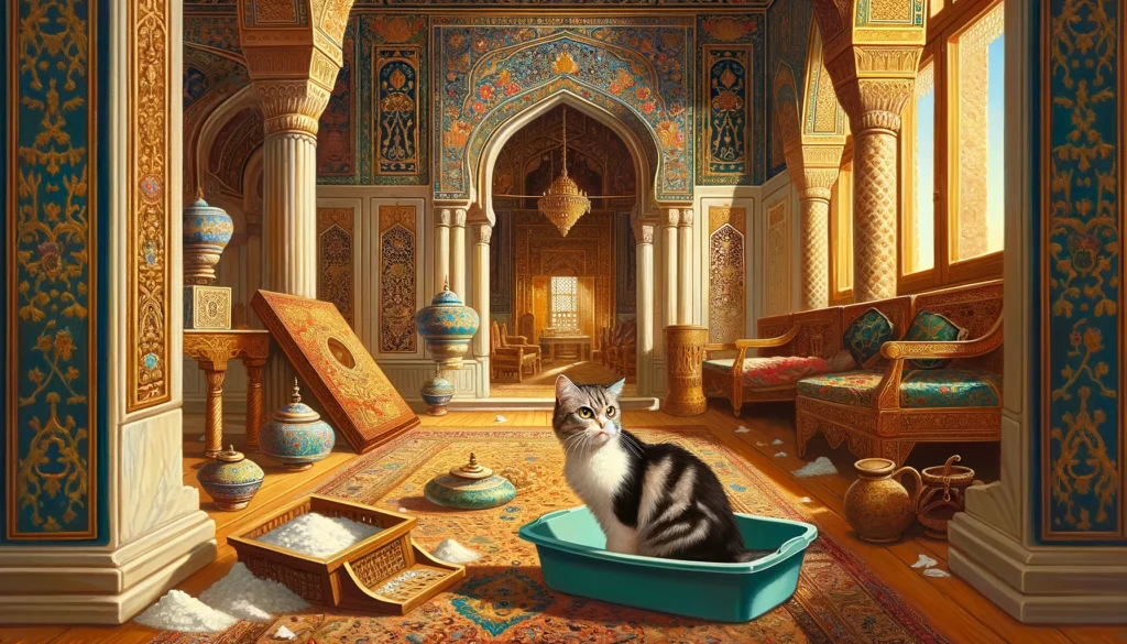 An Ottoman art depiction of a cat hesitating outside a small litter box, set within the lavish interior of an Ottoman palace.