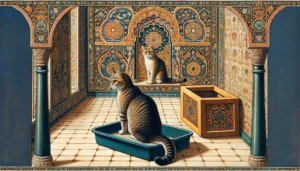 Ottoman art style image of a cat visually distanced from a litter box, symbolizing its sudden disuse, set against a backdrop of intricate Ottoman patterns and motifs, reflecting perplexing feline behavior.
