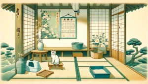 Nihonga art scene depicting creating a litter box training schedule with a cat and traditional elements in a serene setting.
