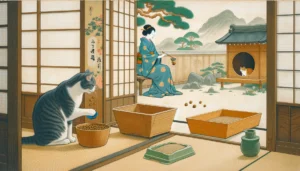 Nihonga art scene depicting the role of diet in litter box training, showing a cat with healthy food and a litter box in a serene setting.