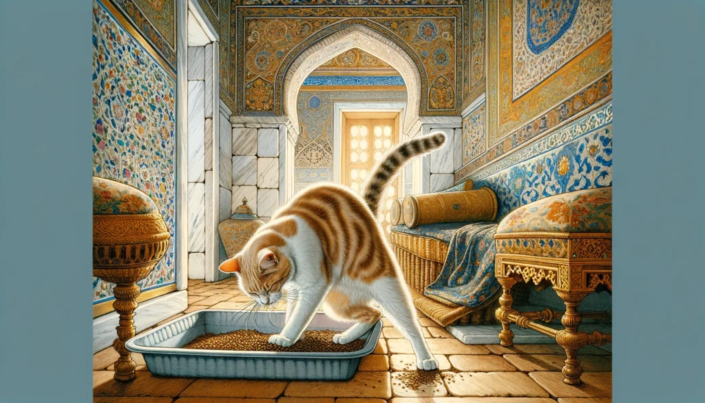 A cat in the Ottoman art style, gracefully scratching the sides of a litter box, set within a lavishly decorated Ottoman palace interior.