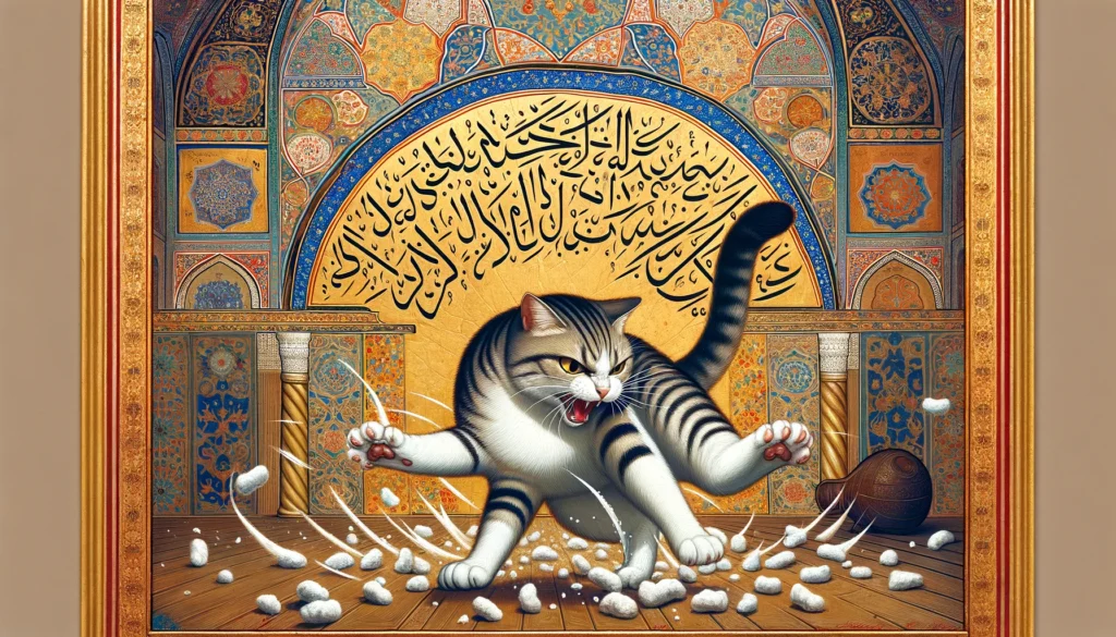 Ottoman art style illustration of a cat energetically kicking litter, set against a backdrop of intricate Ottoman patterns and architectural elements, showcasing dynamic feline behavior.
