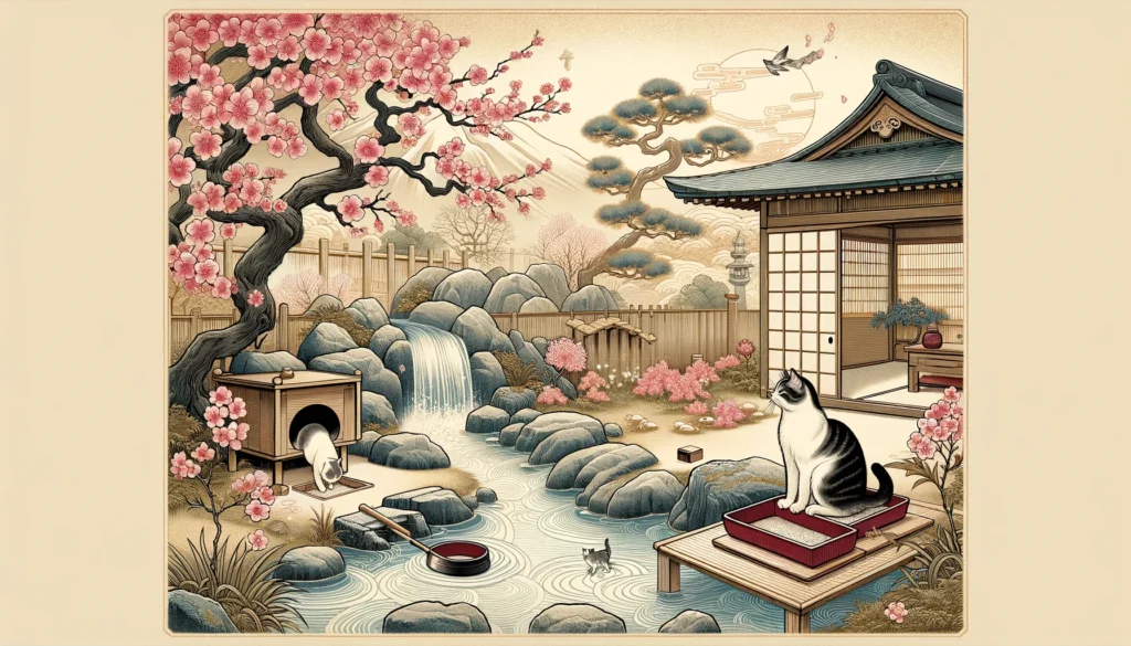 Nihonga art scene showing a cat in a serene Japanese environment, depicting the concept of addressing litter box training issues.