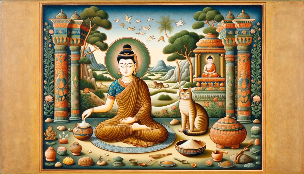 In a Classical Hindu-Buddhist art setting, a cat is depicted with litter alternatives like sand and sawdust, surrounded by traditional motifs, showcasing ancient litter solutions.