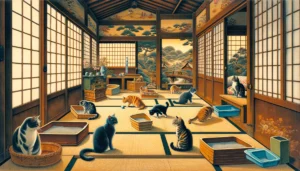 A Nihonga painting of a traditional Japanese home with multiple cats in different colors, engaging in litter box training, reflecting harmony and balance in multi-cat households, with detailed Japanese decor and no text characters.