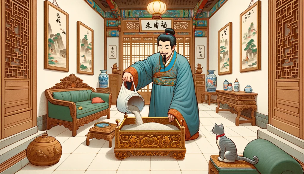 Ming Dynasty-style scene with person in historical attire switching cat litter as a curious cat watches.