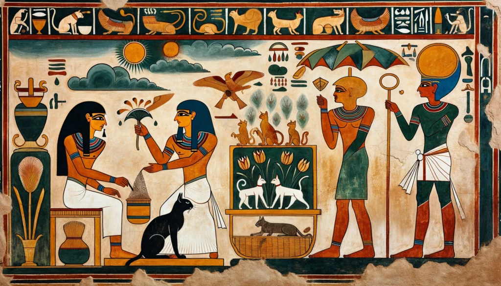 Egyptian Ptolemaic period art style depicting a cat and a person with strategies to keep cat litter off the floor.