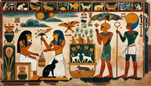 Egyptian Ptolemaic period art style depicting a cat and a person with strategies to keep cat litter off the floor.