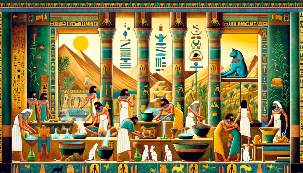 Egyptian Ptolemaic art depicting the concept of neutralizing ammonia in cat litter, featuring ancient people, plants, minerals, and cats in traditional color schemes and patterns