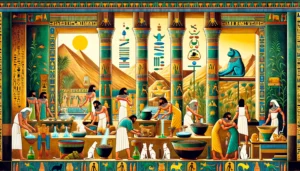 Egyptian Ptolemaic art depicting the concept of neutralizing ammonia in cat litter, featuring ancient people, plants, minerals, and cats in traditional color schemes and patterns