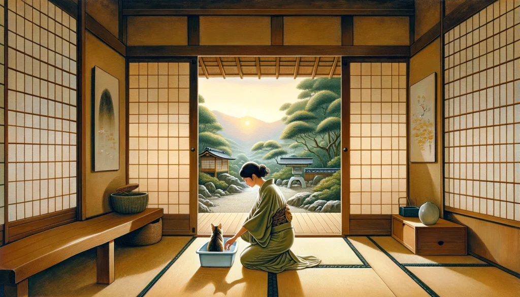 A Nihonga painting depicting an owner gently guiding a kitten to a litter box in a serene Japanese setting, symbolizing the peaceful journey of litter box training.