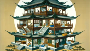 Ming Dynasty-style art showing litter box solutions in a multi-level traditional Chinese home with cats.