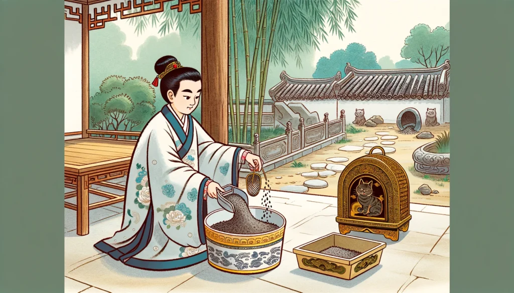A Ming Dynasty-style cartoon illustrating the graceful act of switching cat litter in a Chinese garden setting.