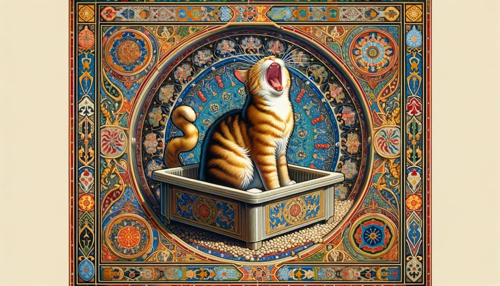 Ottoman art style image of a cat meowing inside a litter box, set against a backdrop of intricate Ottoman patterns and architectural motifs, depicting the cat's vocal behavior in a historical setting.