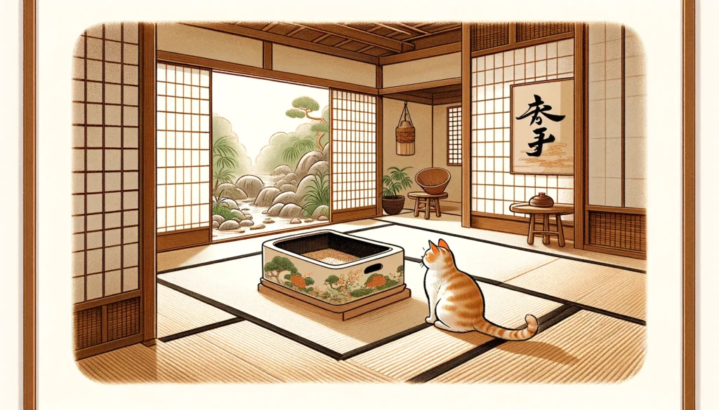 Serene Setting: Nihonga-Style Cat Litter Box in a Japanese Home