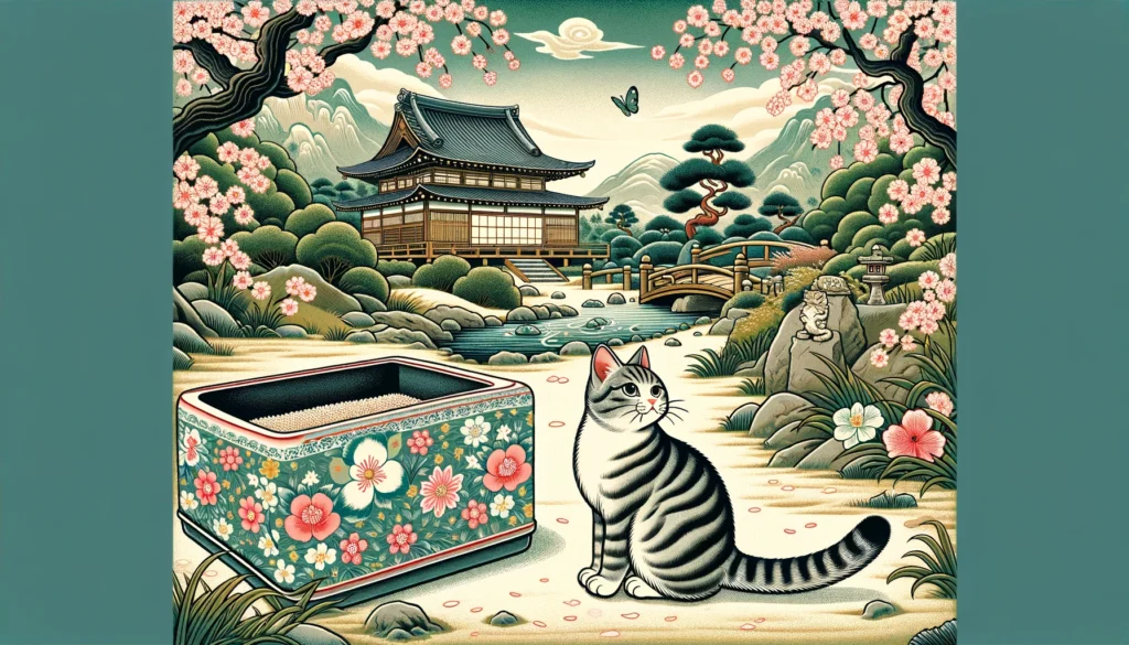 Cat approaching Nihonga-style litter box in serene Japanese garden, embodying natural beauty and harmony
