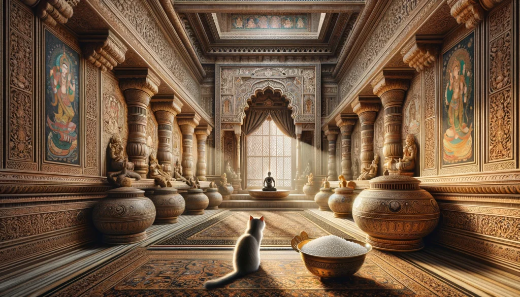 A cat sits contemplatively in a lavishly decorated Classical Hindu-Buddhist palace interior, with ornate carvings and traditional wall paintings.