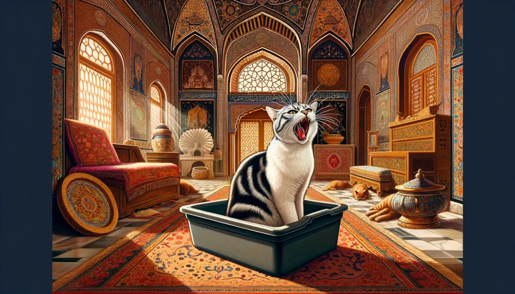 In an Ottoman art style, a cat meows within a litter box, set against the luxury of an Ottoman interior, hinting at discomfort or communication.
