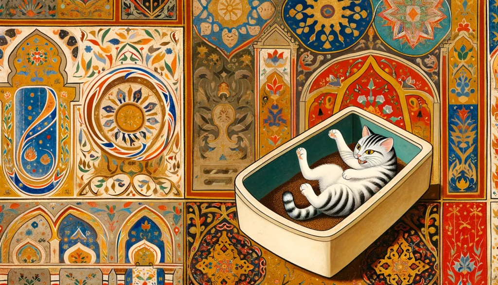 Ottoman art style image of a cat playfully rolling in a litter box, surrounded by intricate Ottoman patterns and architectural elements, highlighting the cat's unique behavior in a historical setting.