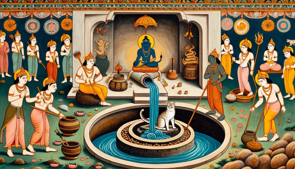 Classical Hindu-Buddhist art representation of dissolving cat litter in a drain, featuring water, traditional containers, and a stylized cat, set against ancient artistic motifs.