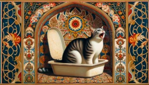 Ottoman art style illustration of a cat meowing in a litter box, surrounded by intricate Ottoman patterns and motifs, capturing the cat's vocal behavior in a historical context.