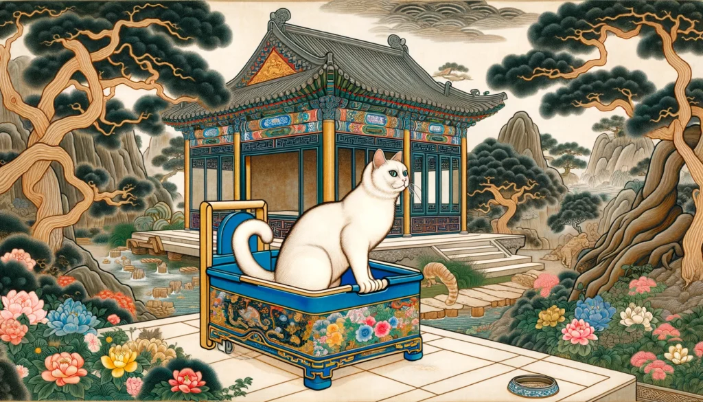 Ming Dynasty-style art scene showing litter box accessibility for a cat with disabilities in a traditional Chinese setting.