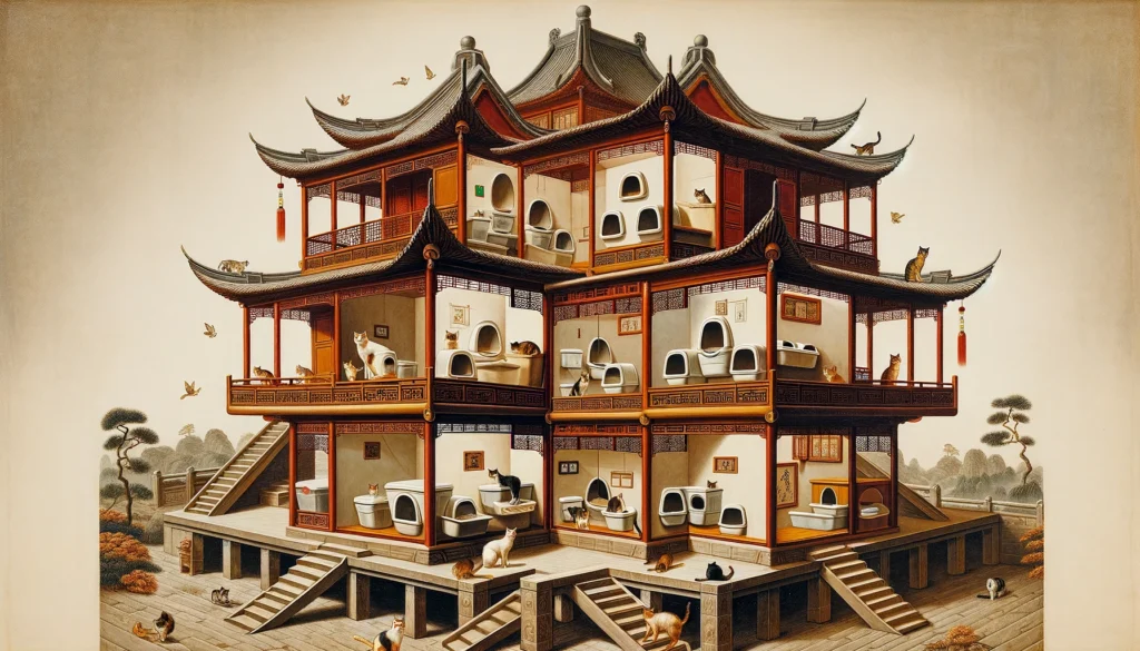Ming Dynasty art depicting innovative litter box solutions in a multi-level traditional Chinese home with cats.