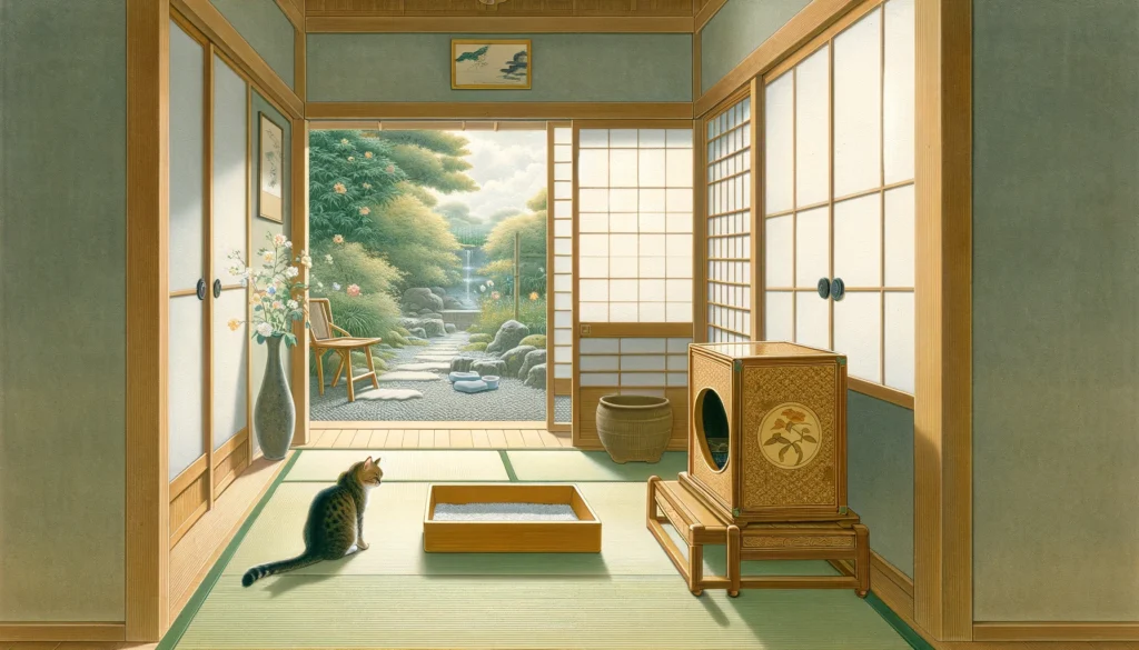 A Yamato-e style painting showing a cat cautiously approaching a new covered litter box in a serene, traditional Japanese home, highlighting a calm and harmonious transitio