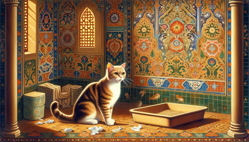 In an Ottoman art style, a cat is shown near a litter box, artistically representing the act of missing it, set against a backdrop of intricate Ottoman patterns and architectural motifs, highlighting the mysterious feline behavior.