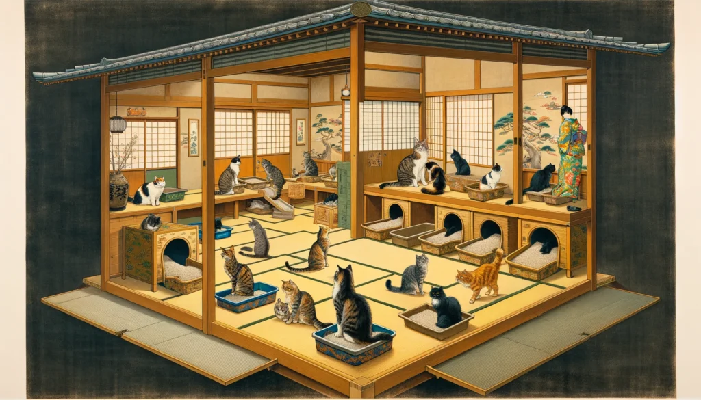 A Nihonga painting set inside a traditional Japanese household showing cats of various breeds engaging with litter boxes, with rooms decorated in tatami mats, shoji screens, and ikebana, illustrating litter box training in multi-cat homes, without text characters.