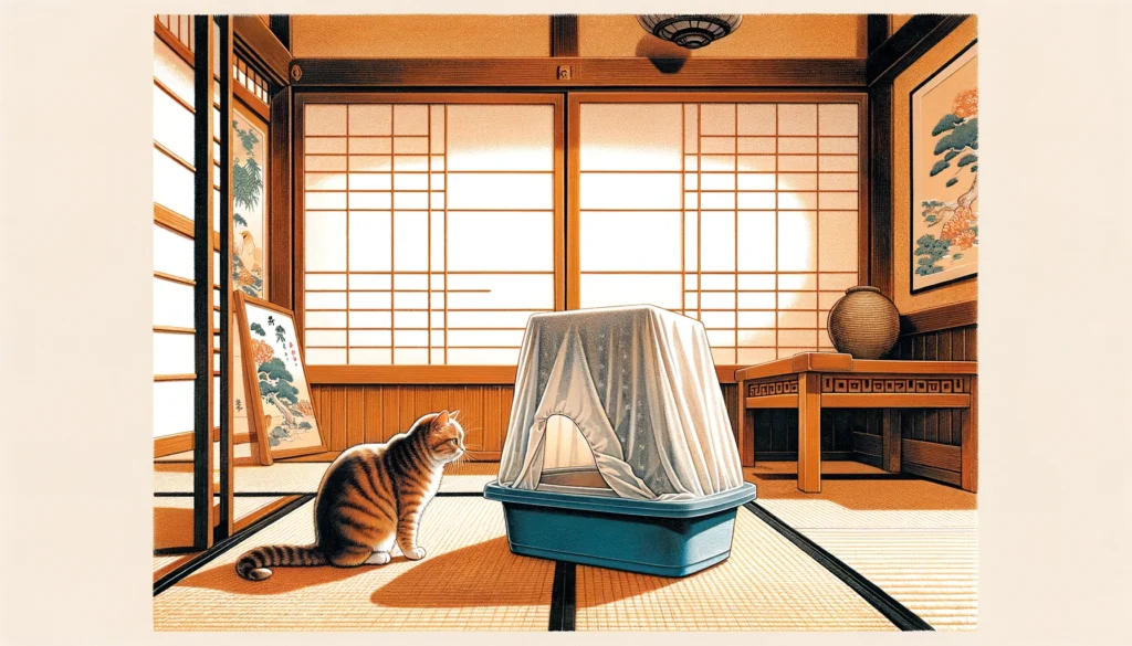 Japanese Nihonga art style image of a cat approaching a covered litter box in a serene, traditional Japanese setting.