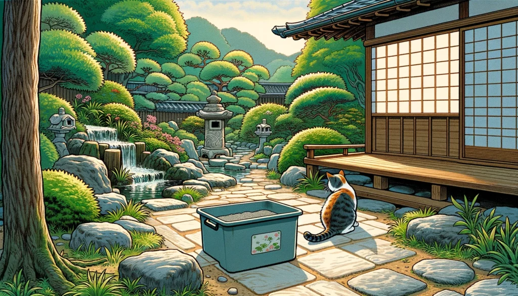 Outdoor cat exploring a litter box in a tranquil Japanese garden, depicted in Kano School Art style