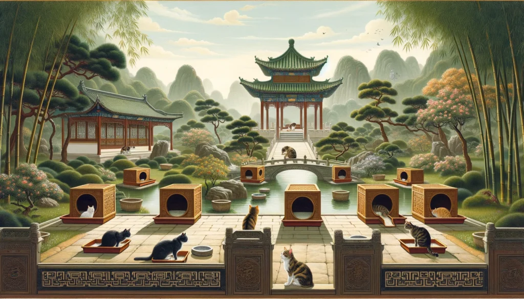 A Ming Dynasty-style painting depicting a serene imperial garden where cats peacefully navigate, with litter boxes placed thoughtfully among bamboo, ponds, and flowering trees, showcasing harmony and respect for nature.