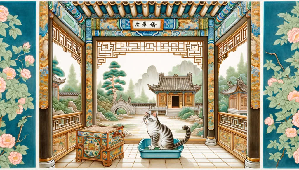 Ming Dynasty art showing a cat with disabilities using an accessible litter box in a traditional Chinese setting.
