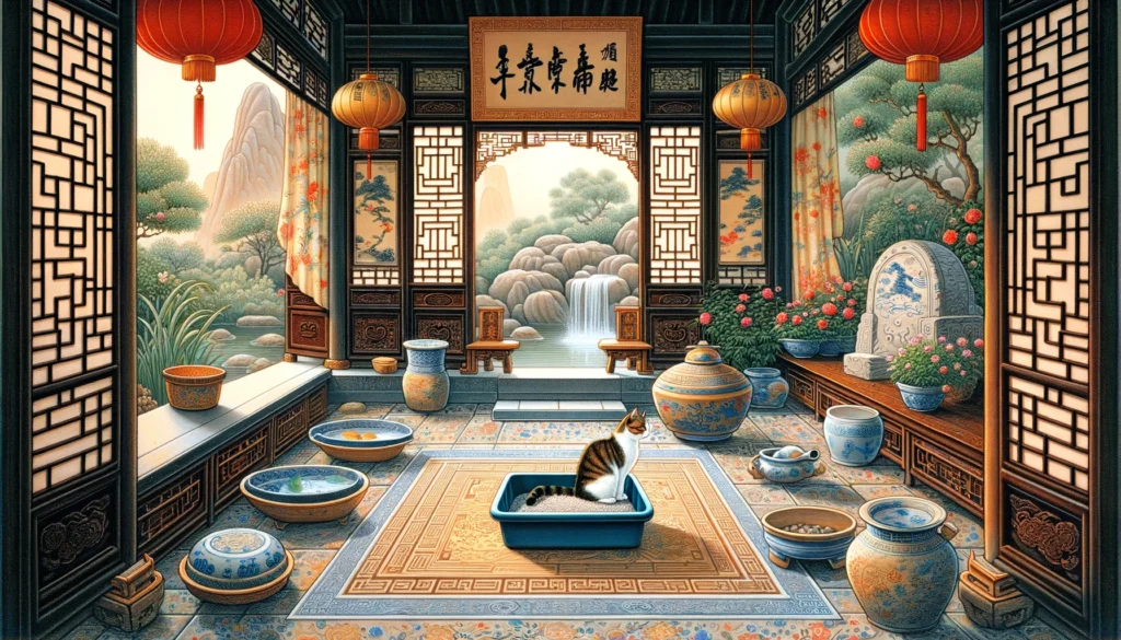 Ming Dynasty-style artwork showing Feng Shui tips for balanced litter box placement with a cat in a traditional Chinese environment.