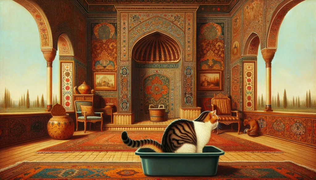 An Ottoman art style scene showing a cat avoiding its litter box amid a richly decorated environment, suggesting discomfort or stress.