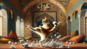 In Ottoman art style, a cat is depicted energetically kicking litter around, set against a backdrop of intricate Ottoman patterns and architectural motifs, illustrating the cat's dynamic behavior.