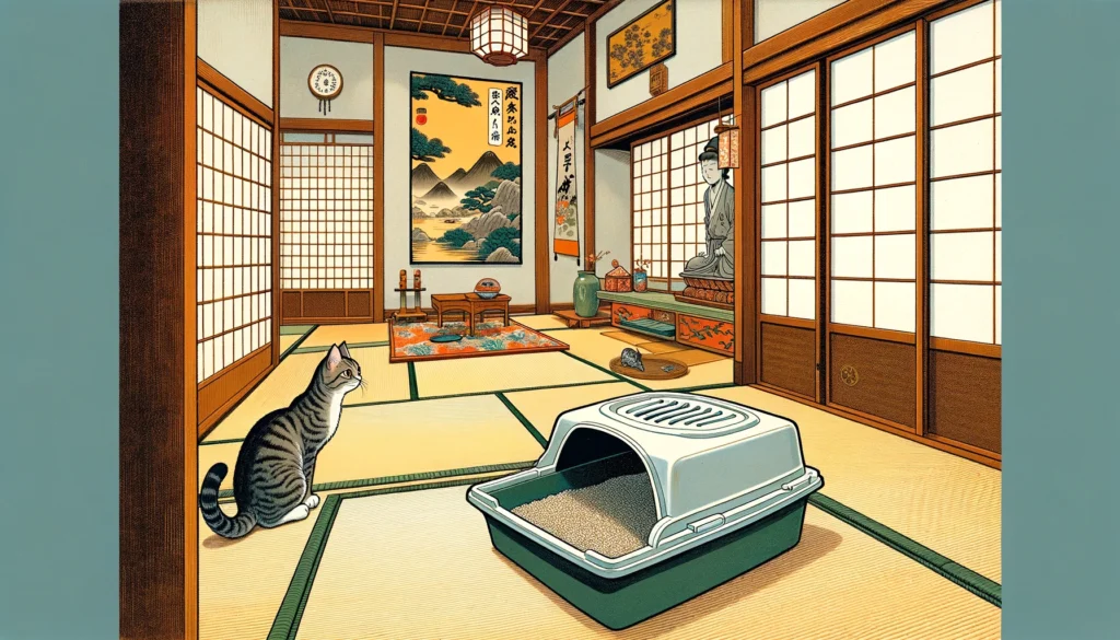 Curious cat exploring a distinctly covered litter box in a traditional Japanese setting with Yamato-e art style