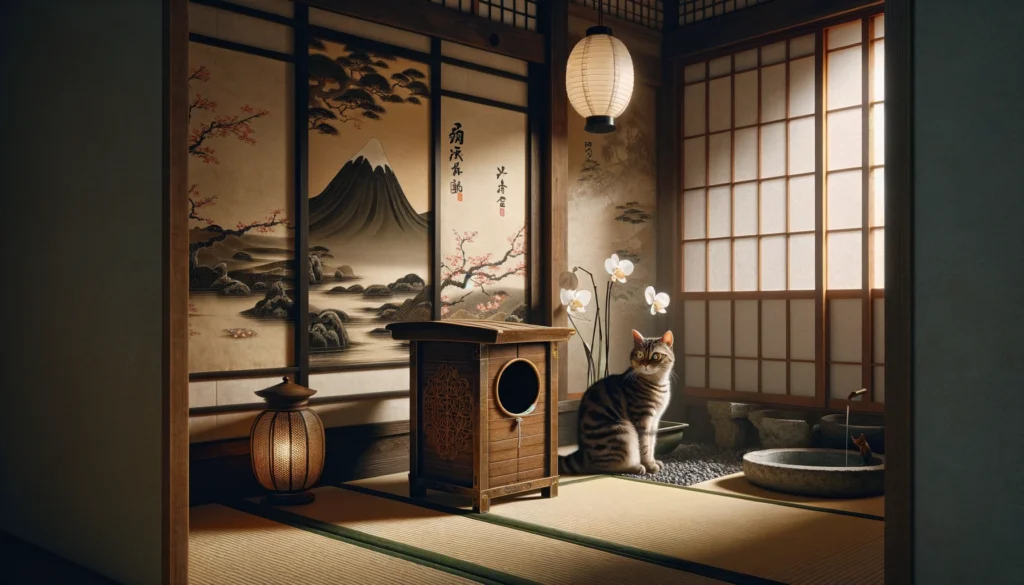 A contemplative cat next to a cherry-blossom painted litter box in a traditional Japanese room.