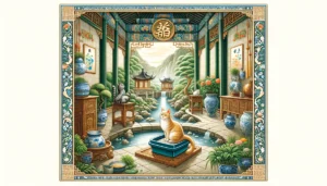 Ming Dynasty-style art depicting Feng Shui tips for litter box placement with a cat in a balanced traditional Chinese setting.