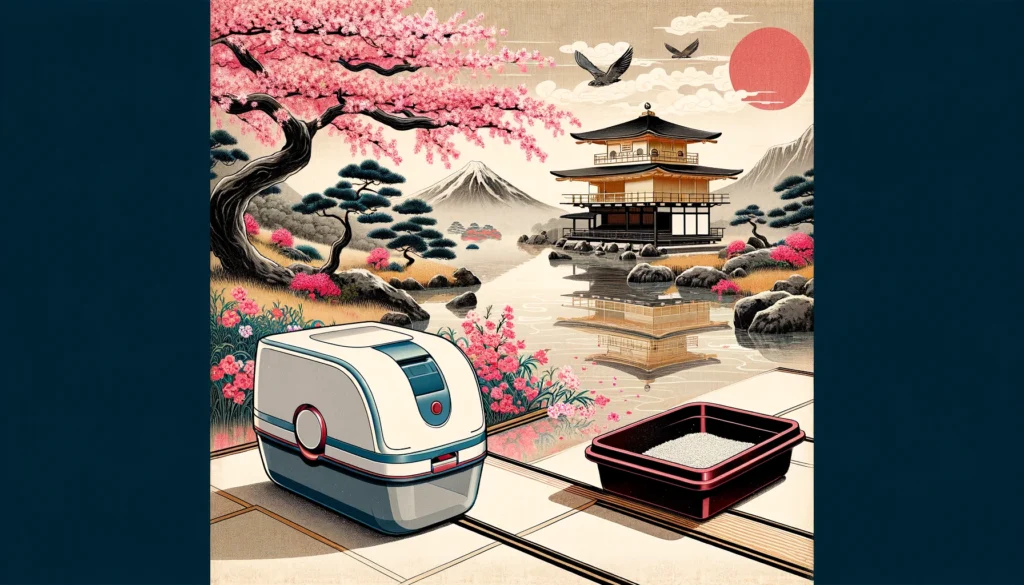 Artistic Japanese Nihonga representation showing a contrast between a modern automated litter box and a traditional manual litter box, set in a peaceful traditional landscape.