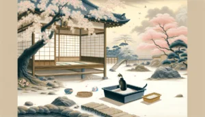 Japanese Nihonga art style scene with a cat approaching a litter box in a serene setting, symbolizing managing litter box aversion in cats.