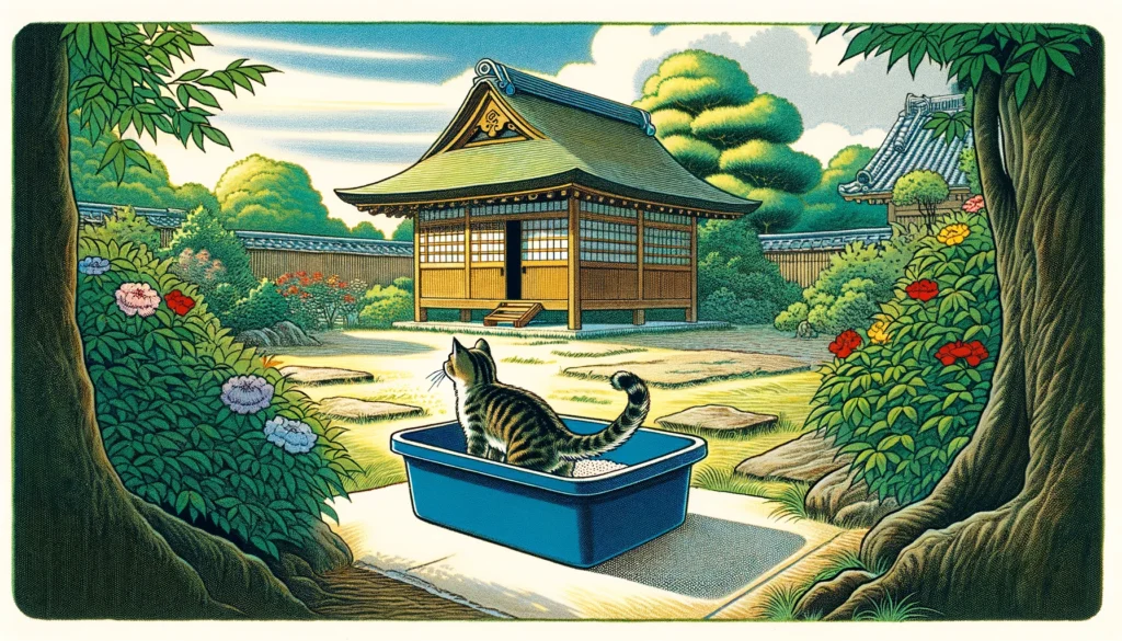 Outdoor cat cautiously approaching a covered litter box in a garden setting, depicted in Kano School Art style