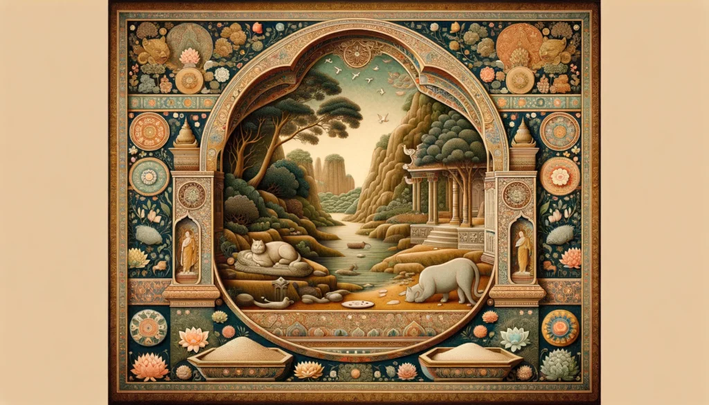 A serene Hindu-Buddhist art representation of a natural landscape with elements resembling non clumping cat litter, embodying peace and harmony