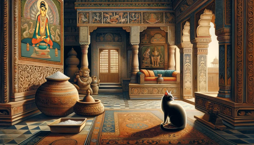 Curious cat near a symbolic cat litter box in a room adorned with Hindu-Buddhist art.
